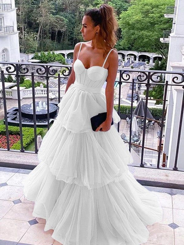 A-Line/Princess Tulle Spaghetti Straps Sleeveless Floor-Length Corset Prom Dress