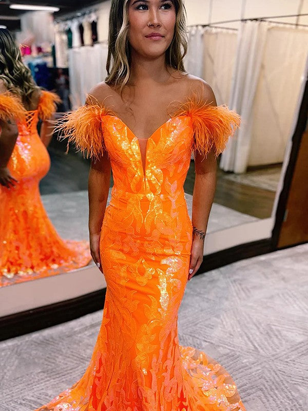 Trumpet/Mermaid Sequins Feathers/Fur Off-the-Shoulder Sleeveless Sweep/Brush Train Corset Prom Dress