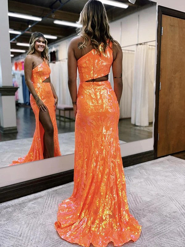 Sheath/Column Sequin One-Shoulder Sleeveless Sweep/Brush Train Prom Dress