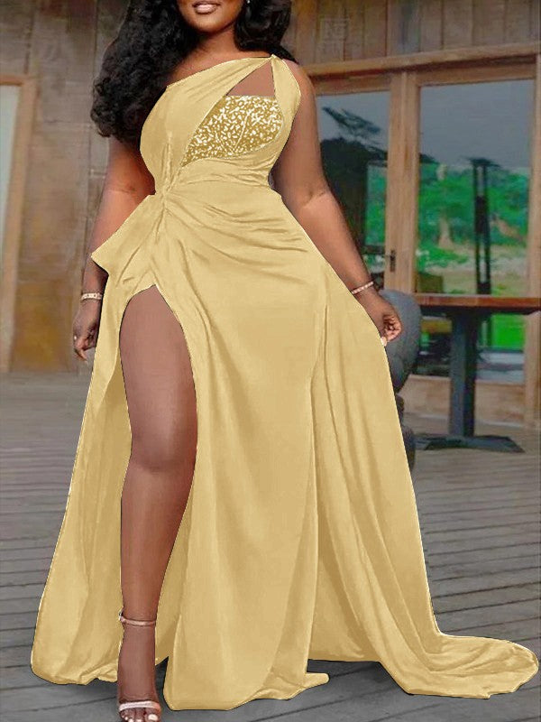 Plus Size A-Line/Princess Silk like Satin Halter Sleeveless Sweep/Brush Train Prom Dress