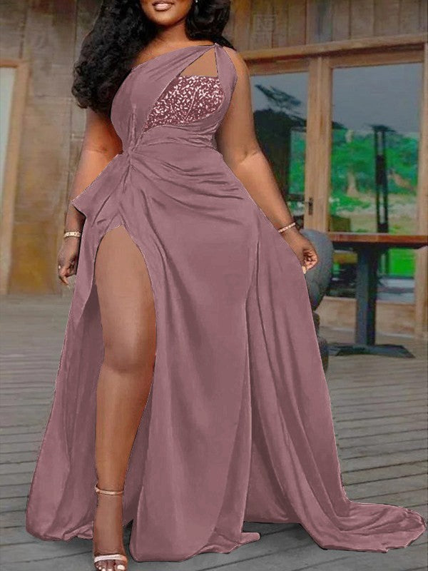 Plus Size A-Line/Princess Silk like Satin Halter Sleeveless Sweep/Brush Train Prom Dress