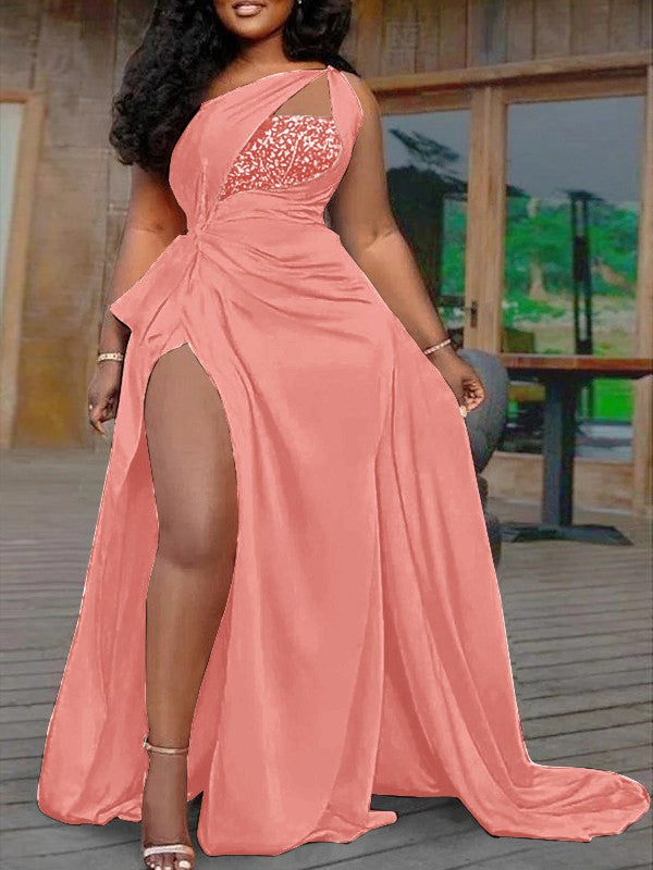 Plus Size A-Line/Princess Silk like Satin Halter Sleeveless Sweep/Brush Train Prom Dress