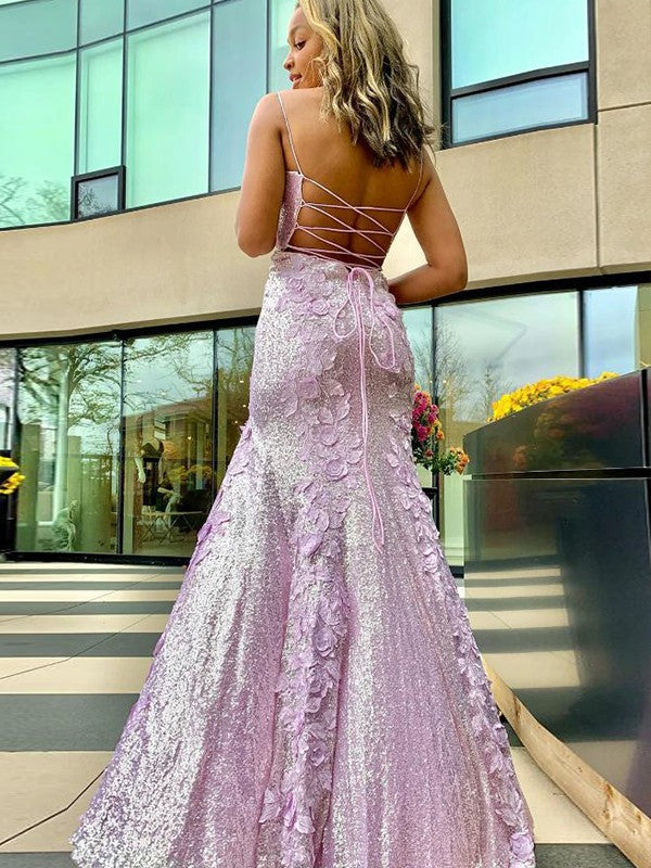Sheath/Column Sequins Applique Spaghetti Straps Sleeveless Floor-Length Prom Dress