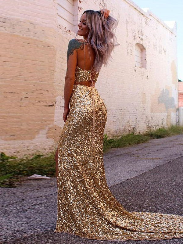 Sheath/Column Sequins Spaghetti Straps Sleeveless Sweep/Brush Train Prom Dress