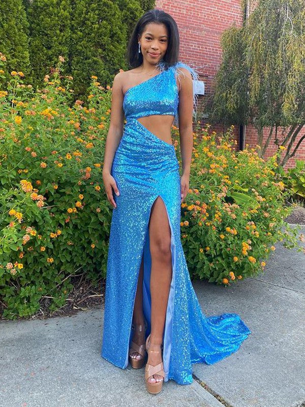 Sheath/Column Sequins One-Shoulder Sleeveless Sweep/Brush Train Prom Dress