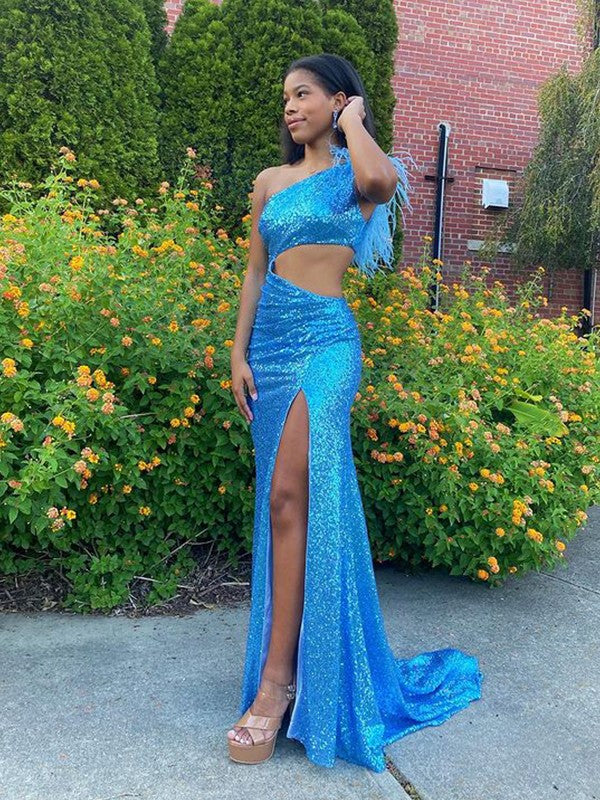 Sheath/Column Sequins One-Shoulder Sleeveless Sweep/Brush Train Prom Dress