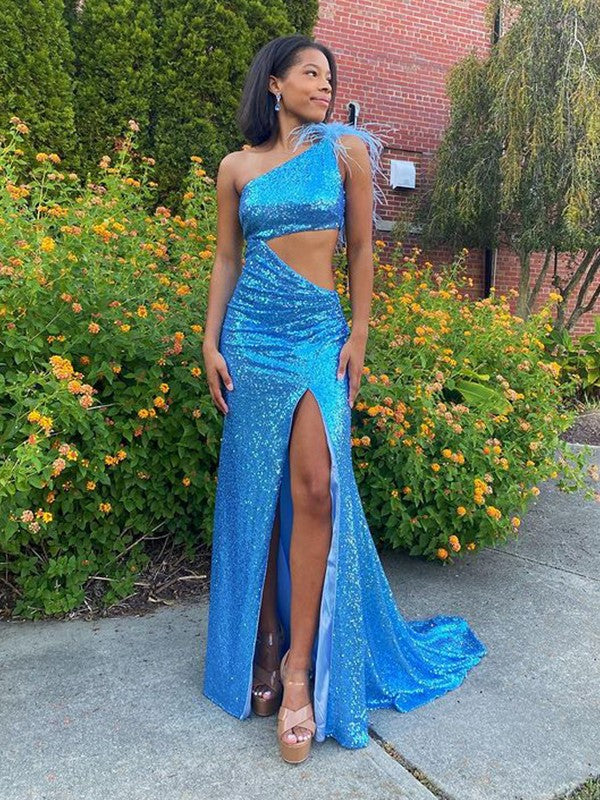 Sheath/Column Sequins One-Shoulder Sleeveless Sweep/Brush Train Prom Dress