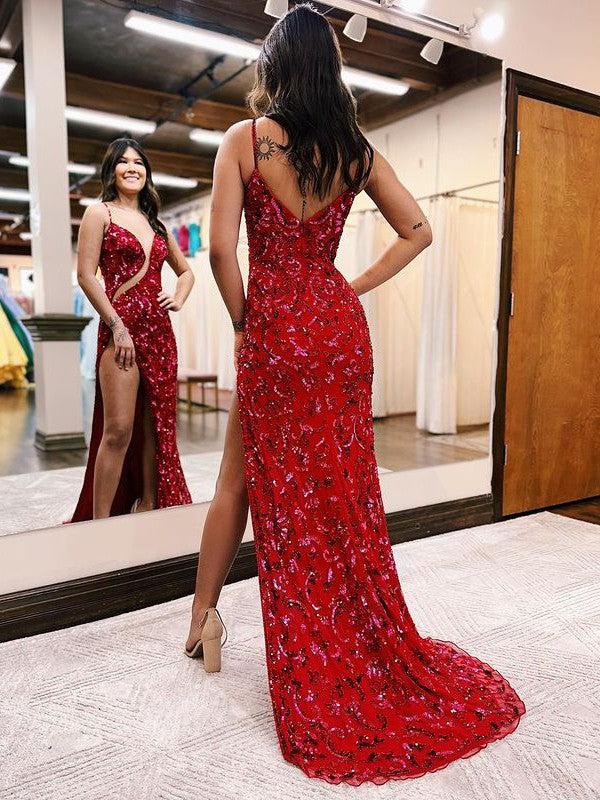 Sheath/Column Sequins Sweetheart Sleeveless Sweep/Brush Train Prom Dress