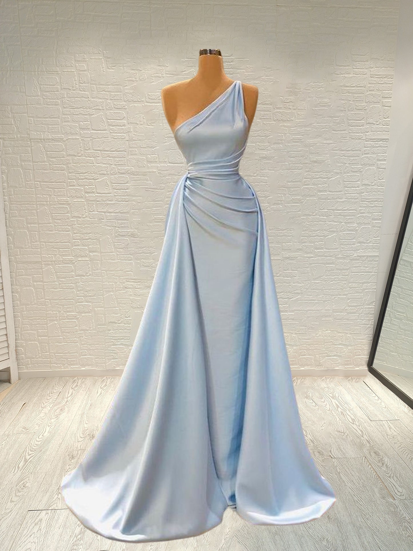 Sheath/Column Elastic Woven Satin Ruched One-Shoulder Sleeveless Floor-Length Prom Dress