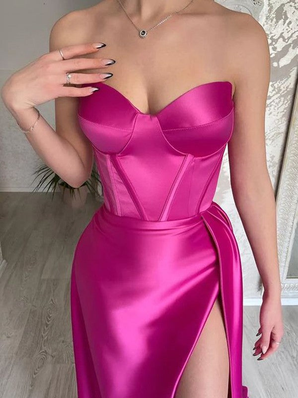 Sheath/Column Silk like Satin Sweetheart Sleeveless Sweep/Brush Train Corset Prom Dress