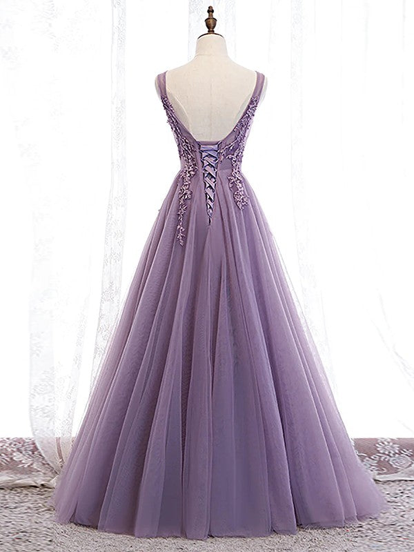A-Line/Princess Tulle Applique V-neck Sleeveless Floor-Length Prom Dress