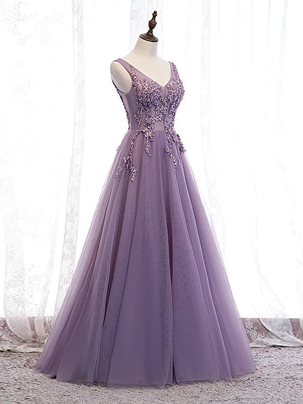 A-Line/Princess Tulle Applique V-neck Sleeveless Floor-Length Prom Dress