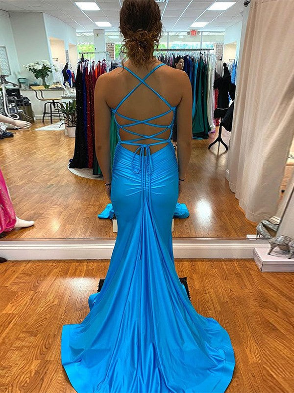 Trumpet/Mermaid Jersey V-neck Sleeveless Sweep/Brush Train Prom Dress