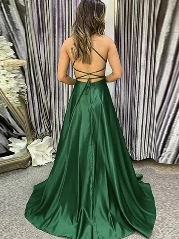 A-Line/Princess Silk like Satin Straps Sleeveless Sweep/Brush Train Prom Dress