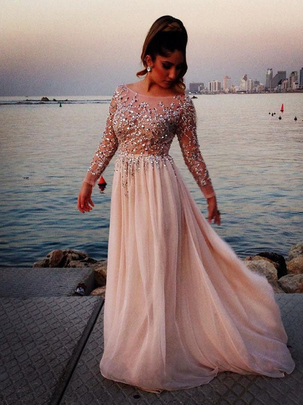 A-Line Chiffon Bateau Long Sleeves Sweep/Brush Train With Beading Prom Dress