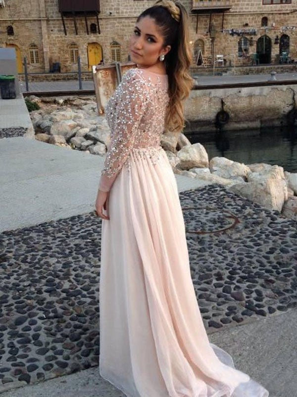 A-Line Chiffon Bateau Long Sleeves Sweep/Brush Train With Beading Prom Dress