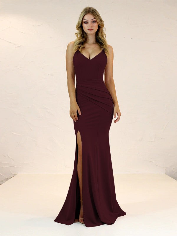 Sheath/Column Stretch Crepe Ruched V-neck Sleeveless Sweep/Brush Train Bridesmaid Dresses