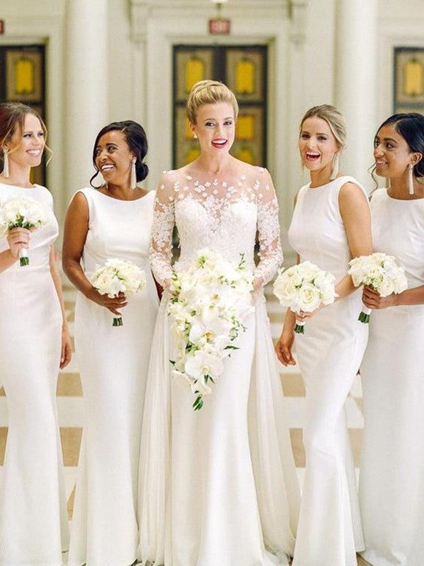 Sheath/Column Stretch Crepe Ruched Scoop Sleeveless Floor-Length Bridesmaid Dresses