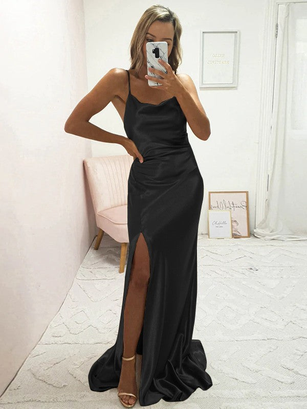 Sheath/Column Elastic Woven Satin Ruched Spaghetti Straps Sleeveless Sweep/Brush Train Bridesmaid Dresses
