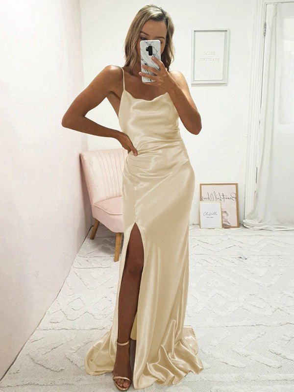 Sheath/Column Elastic Woven Satin Ruched Spaghetti Straps Sleeveless Sweep/Brush Train Bridesmaid Dresses