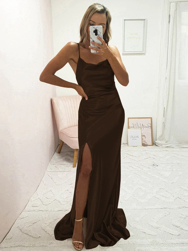 Sheath/Column Elastic Woven Satin Ruched Spaghetti Straps Sleeveless Sweep/Brush Train Bridesmaid Dresses