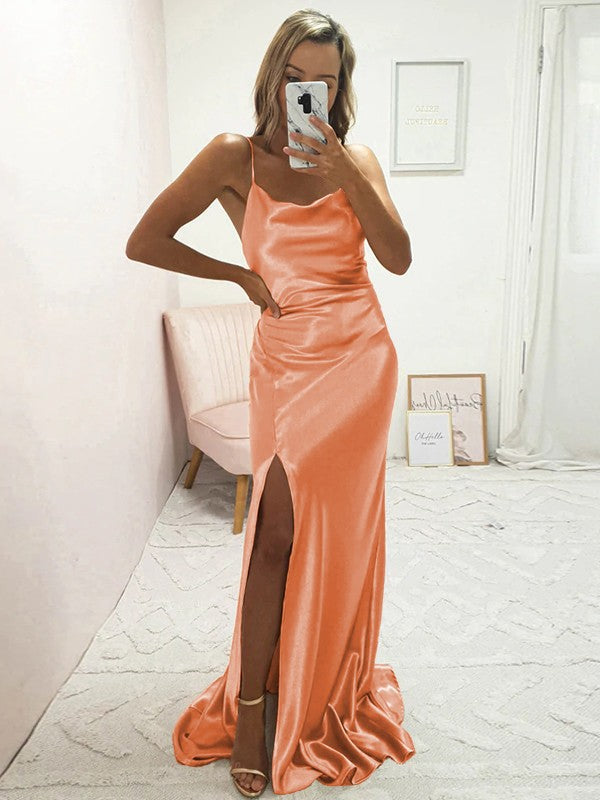 Sheath/Column Elastic Woven Satin Ruched Spaghetti Straps Sleeveless Sweep/Brush Train Bridesmaid Dresses