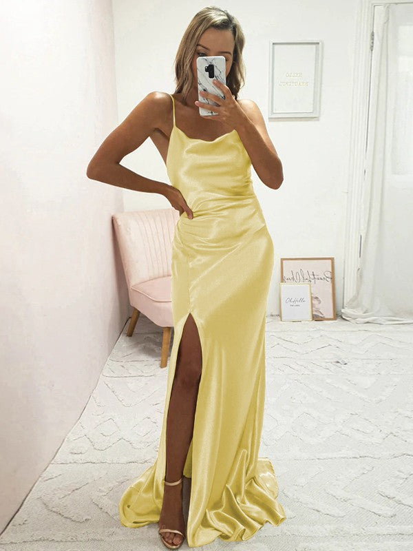Sheath/Column Elastic Woven Satin Ruched Spaghetti Straps Sleeveless Sweep/Brush Train Bridesmaid Dresses