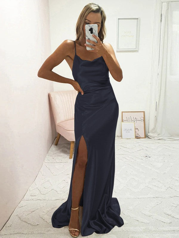 Sheath/Column Elastic Woven Satin Ruched Spaghetti Straps Sleeveless Sweep/Brush Train Bridesmaid Dresses