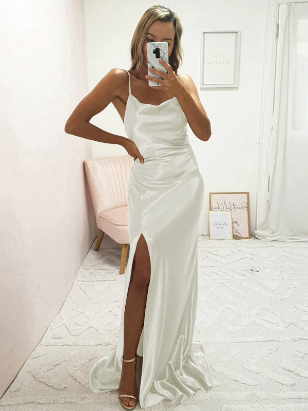 Sheath/Column Elastic Woven Satin Ruched Spaghetti Straps Sleeveless Sweep/Brush Train Bridesmaid Dresses