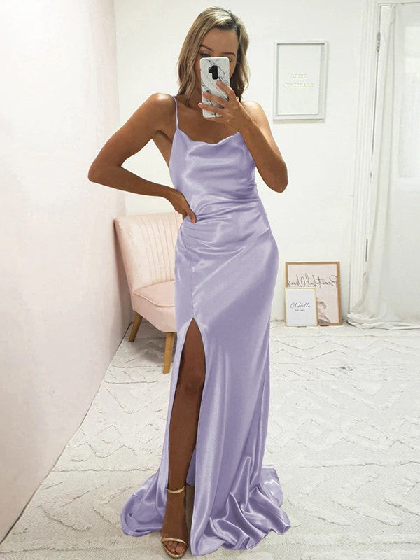 Sheath/Column Elastic Woven Satin Ruched Spaghetti Straps Sleeveless Sweep/Brush Train Bridesmaid Dresses