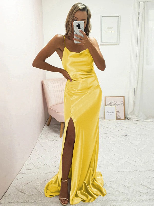 Sheath/Column Elastic Woven Satin Ruched Spaghetti Straps Sleeveless Sweep/Brush Train Bridesmaid Dresses