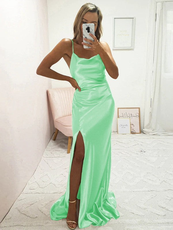 Sheath/Column Elastic Woven Satin Ruched Spaghetti Straps Sleeveless Sweep/Brush Train Bridesmaid Dresses