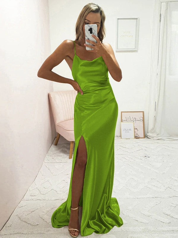 Sheath/Column Elastic Woven Satin Ruched Spaghetti Straps Sleeveless Sweep/Brush Train Bridesmaid Dresses