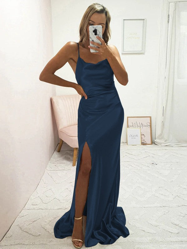 Sheath/Column Elastic Woven Satin Ruched Spaghetti Straps Sleeveless Sweep/Brush Train Bridesmaid Dresses