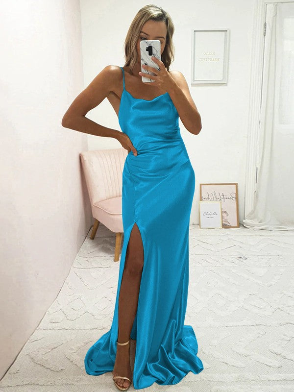 Sheath/Column Elastic Woven Satin Ruched Spaghetti Straps Sleeveless Sweep/Brush Train Bridesmaid Dresses