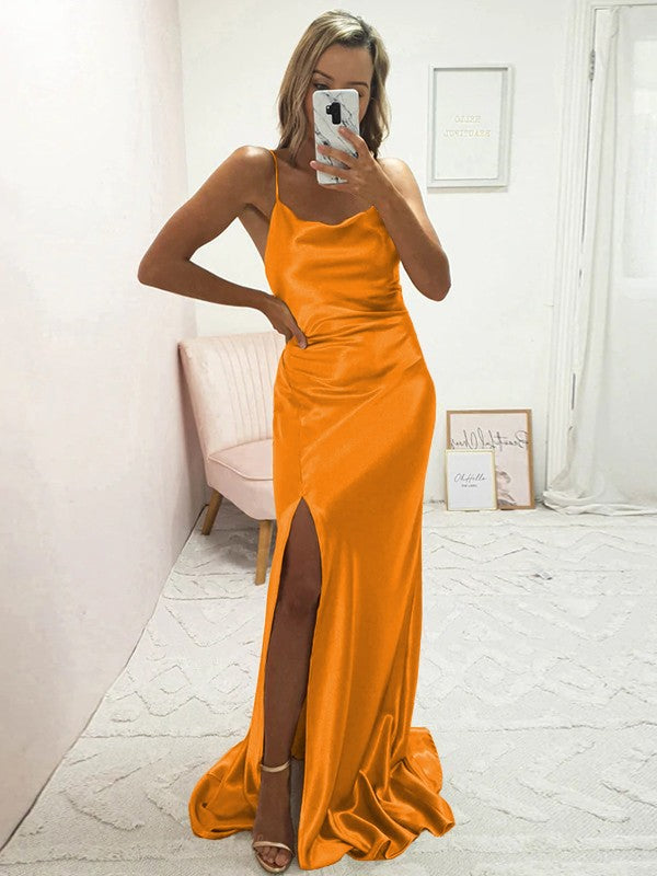Sheath/Column Elastic Woven Satin Ruched Spaghetti Straps Sleeveless Sweep/Brush Train Bridesmaid Dresses