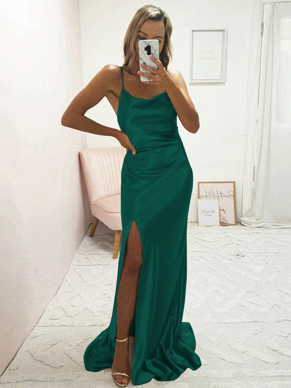 Sheath/Column Elastic Woven Satin Ruched Spaghetti Straps Sleeveless Sweep/Brush Train Bridesmaid Dresses