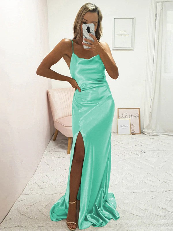 Sheath/Column Elastic Woven Satin Ruched Spaghetti Straps Sleeveless Sweep/Brush Train Bridesmaid Dresses