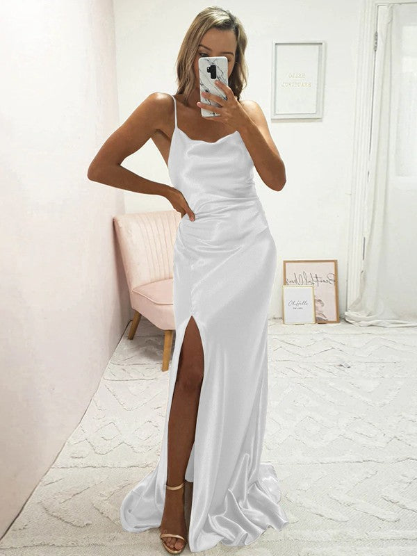 Sheath/Column Elastic Woven Satin Ruched Spaghetti Straps Sleeveless Sweep/Brush Train Bridesmaid Dresses