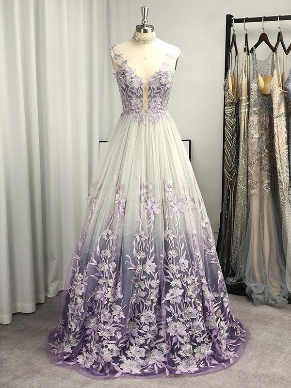 Prom Dress A-Line Regency Long V-neck Applique