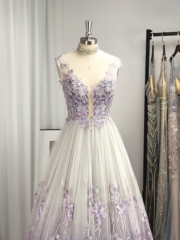 Prom Dress A-Line Regency Long V-neck Applique