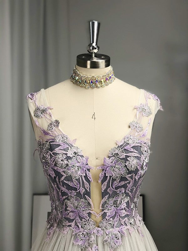 Prom Dress A-Line Regency Long V-neck Applique