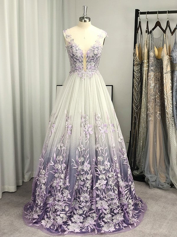 Prom Dress A-Line Regency Long V-neck Applique