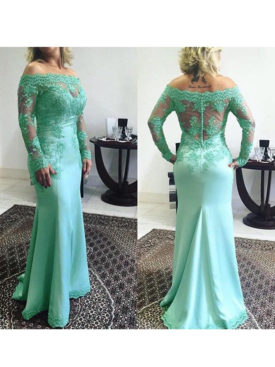 Mermaid Off-the-Shoulder Long Sleeves With Applique Sweep/Brush Train Elastic Woven Satin Mother of the Bride Dress
