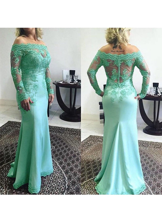 Mermaid Off-the-Shoulder Long Sleeves With Applique Sweep/Brush Train Elastic Woven Satin Mother of the Bride Dress