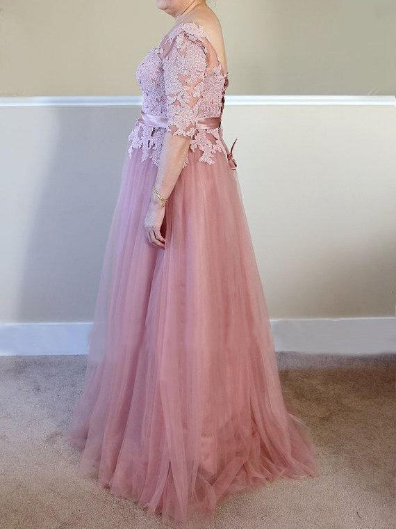 A-Line Bateau 1/2 Sleeves With Applique Floor-Length Tulle Mother of the Bride Dress