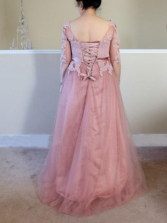 A-Line Bateau 1/2 Sleeves With Applique Floor-Length Tulle Mother of the Bride Dress