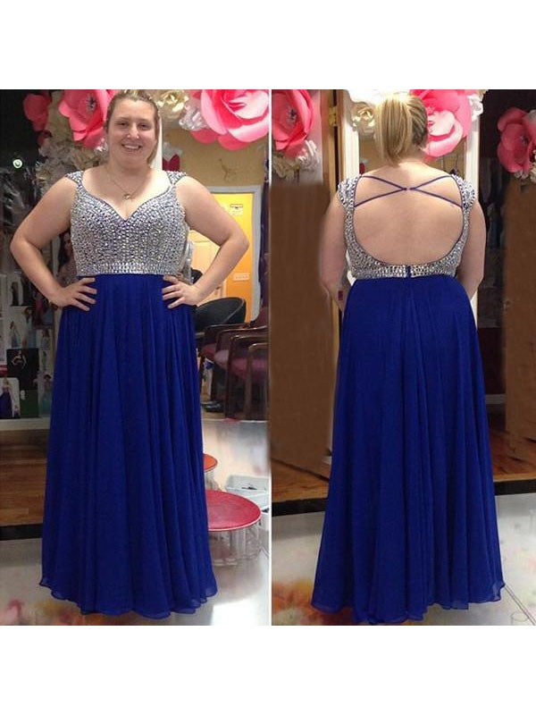 A-Line Straps Sleeveless With Beading Floor-Length Chiffon Plus Size Prom Dress