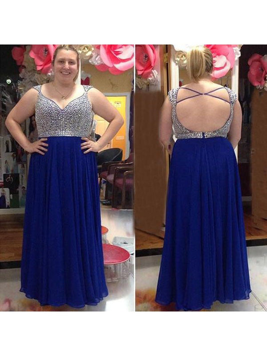 A-Line Straps Sleeveless With Beading Floor-Length Chiffon Plus Size Prom Dress
