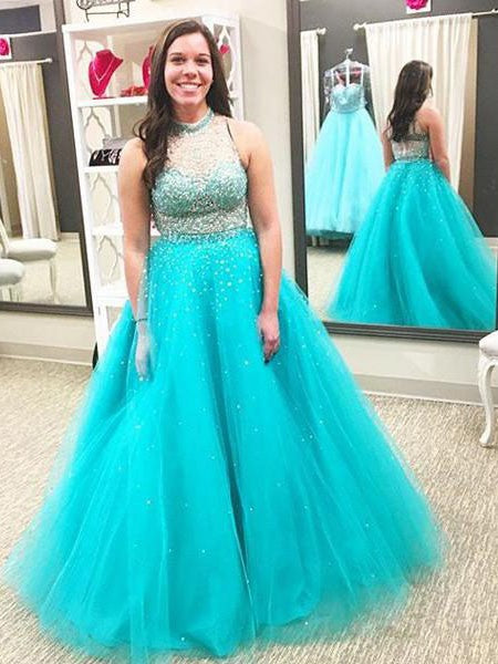 Ball Gown High Neck Sleeveless With Beading Floor-Length Tulle Plus Size Prom Dress